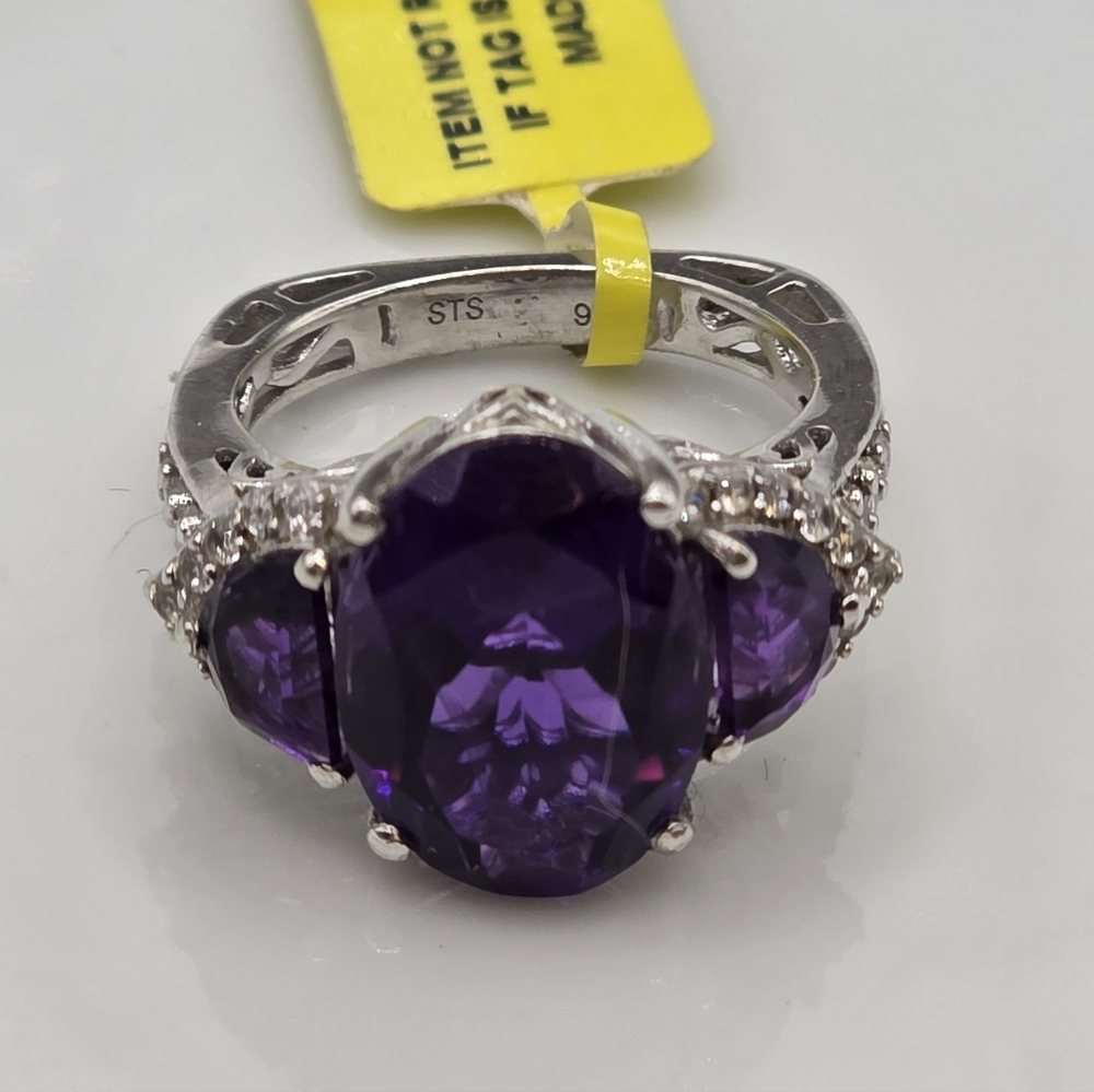 Divine Designer Signed African Amethyst 3 Stone Ring
